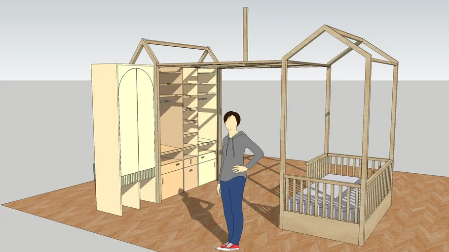 Kid Bed and Open Modern Wardrobe (closet) - Full Kid Bedroom