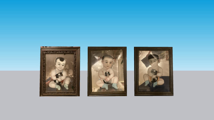 Set of 3 Verre Eglomise Royal Court Children's Portraits Qing Dynasty China Chinoiserie 19th Century