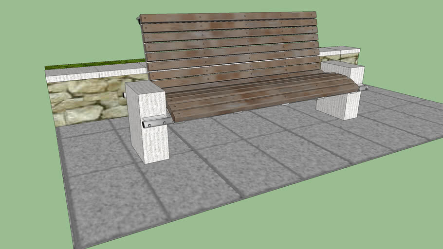 Bench with sides in artificial stone, the structure in tube and metal plates, the rest in wood