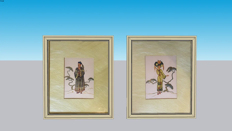 Pair of signed chinoiserie watercolor illustrations of colorfully clad ...