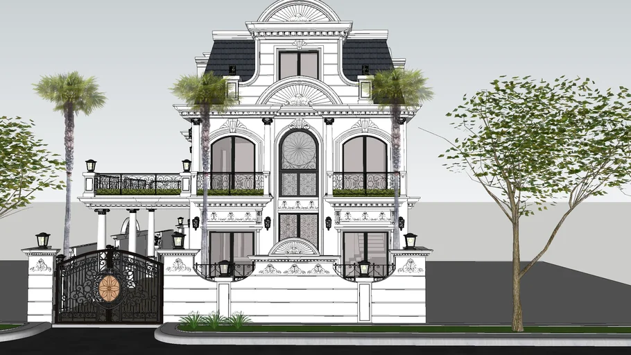 6099 Exterior Classical Villa Scene Sketchup Model By Huy Ho