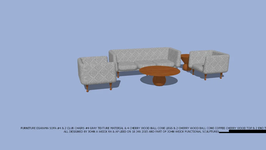 FURNITURE DIARAMA SOFA & CLUB CHAIRS #4 GREY TEXTURE FABRIC & 2 CHERRY WOOD  BALL CONE