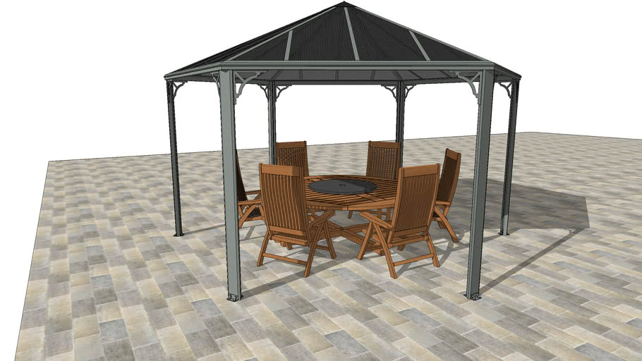 Victorian Style Patio Gazebo with Round Teak Patio Table and 6 Chairs