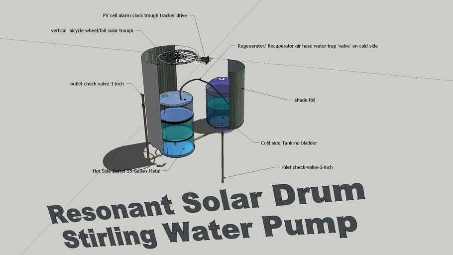 55 gallon drum Solar Resonant Stirling water pump 3D Warehouse