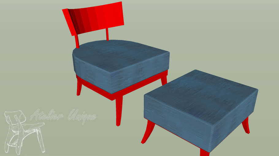 Poltrona laca vermelha assento azul com puff