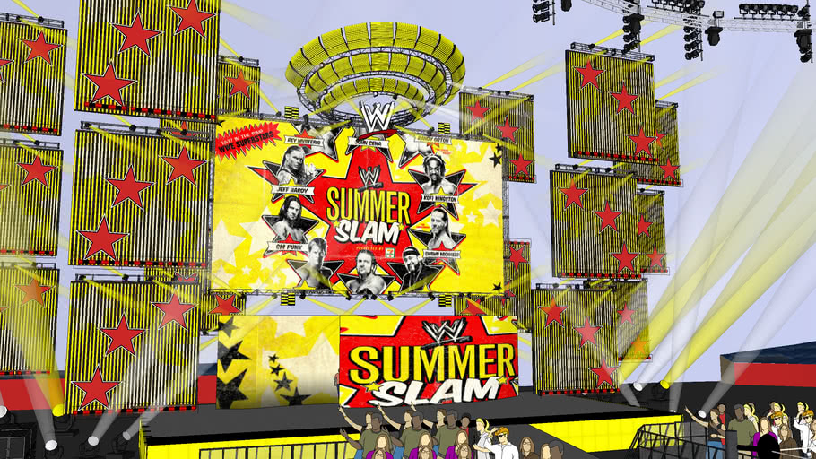 wwe summerslam concept w/ outdoor arena and ringside with people 3D