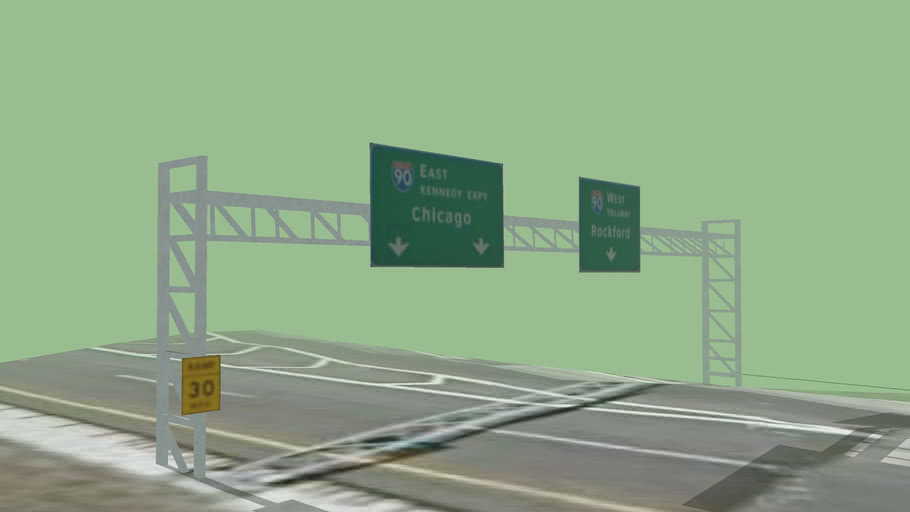 Signs for I-90 E to Downtown Chicago and I-90 W to Rockford | 3D Warehouse